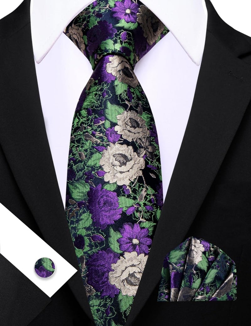 Barry.Wang Store Flower Ties for Men Handkerchief Cufflinks Set Wedding Necktie Set Party - Image 3